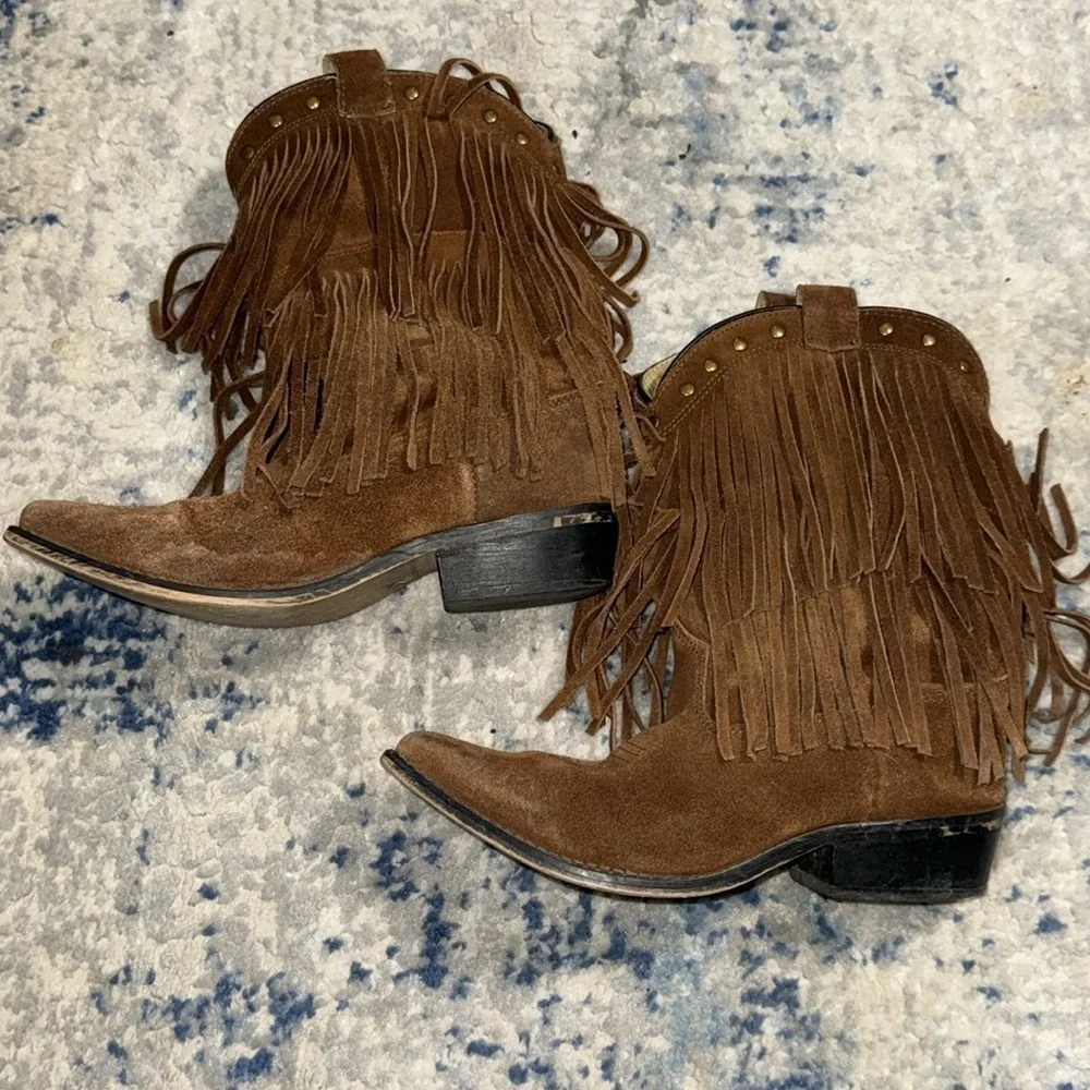 Smokey Mountain Boots brown suede fringe‎ beads leather lining Western Sz 3.5